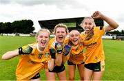 16 July 2023; Antrim players celebrate after their side's vitory in the LGFA All-Ireland U16 C Championship Final match between Clare and Antrim at Clane in Kildare. Photo by Sam Barnes/Sportsfile