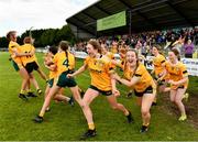 16 July 2023; Antrim players celebrate after their side's vitory in the LGFA All-Ireland U16 C Championship Final match between Clare and Antrim at Clane in Kildare. Photo by Sam Barnes/Sportsfile