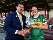 16 July 2023; Mary Kate Smith of Kerry receives the Player of the Match award from Mícheál Naughton LGFA President, following the 2023 All-Ireland U16 Ladies Football B Final match between Kerry and Sligo at Duggan Park, Ballinasloe, Galway. Photo by Tom Beary/Sportsfile