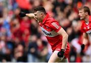 16 July 2023; Gareth McKinless of Derry celebrates after scoring his side's first goal during the GAA Football All-Ireland Senior Championship Semi-Final match between Derry and Kerry at Croke Park in Dublin. Photo by David Fitzgerald/Sportsfile
