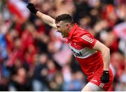 16 July 2023; Gareth McKinless of Derry celebrates after scoring his side's first goal during the GAA Football All-Ireland Senior Championship Semi-Final match between Derry and Kerry at Croke Park in Dublin. Photo by David Fitzgerald/Sportsfile