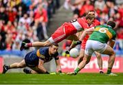 16 July 2023; Brendan Rogers of Derry has a shot blocked on the line by Tadhg Morley of Kerry during the GAA Football All-Ireland Senior Championship Semi-Final match between Derry and Kerry at Croke Park in Dublin. Photo by David Fitzgerald/Sportsfile