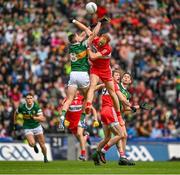 16 July 2023; Diarmuid O'Connor of Kerry and Conor Glass of Derry contest the throw-in during the GAA Football All-Ireland Senior Championship Semi-Final match between Derry and Kerry at Croke Park in Dublin. Photo by Brendan Moran/Sportsfile