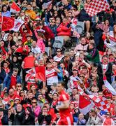 16 July 2023; Derry supporters celebrate a point by Shane McGuigan during the GAA Football All-Ireland Senior Championship Semi-Final match between Derry and Kerry at Croke Park in Dublin. Photo by David Fitzgerald/Sportsfile