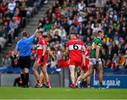 16 July 2023; Referee Joe McQuillan shows a black card to Diarmuid O'Connor of Kerry, right, during the GAA Football All-Ireland Senior Championship Semi-Final match between Derry and Kerry at Croke Park in Dublin. Photo by Brendan Moran/Sportsfile