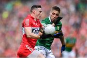 16 July 2023; Gareth McKinless of Derry in action against Adrian Spillane of Kerry during the GAA Football All-Ireland Senior Championship Semi-Final match between Derry and Kerry at Croke Park in Dublin. Photo by David Fitzgerald/Sportsfile