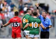 16 July 2023; Referee Joe McQuillan shows a black card to Diarmuid O'Connor of Kerry during the GAA Football All-Ireland Senior Championship Semi-Final match between Derry and Kerry at Croke Park in Dublin. Photo by David Fitzgerald/Sportsfile