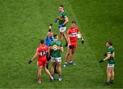 16 July 2023; Referee Joe McQuillan shows a black card to Diarmuid O'Connor of Kerry during the GAA Football All-Ireland Senior Championship Semi-Final match between Derry and Kerry at Croke Park in Dublin. Photo by Daire Brennan/Sportsfile