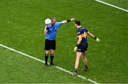 16 July 2023; Kerry goalkeeper Shane Ryan protests to referee Joe McQuillan, after McQuillan gave a throw ball against Ryan for time wasting during the GAA Football All-Ireland Senior Championship Semi-Final match between Derry and Kerry at Croke Park in Dublin. Photo by Daire Brennan/Sportsfile