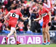 16 July 2023; Derry players Gareth McKinless, 6, and Shane McGuigan celebrate a score during the GAA Football All-Ireland Senior Championship Semi-Final match between Derry and Kerry at Croke Park in Dublin. Photo by Piaras Ó Mídheach/Sportsfile