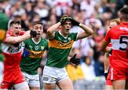 16 July 2023; David Clifford of Kerry reacts before he was shown the yellow card by referee Joe McQuillan during the GAA Football All-Ireland Senior Championship Semi-Final match between Derry and Kerry at Croke Park in Dublin. Photo by Piaras Ó Mídheach/Sportsfile