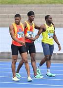 16 July 2023; From left, Joseph Ojewumi of Tallaght AC, Dublin, Sean Aigboboh of Tallaght AC, Dublin and, Bori Akinola of UCD AC, Dublin, after the senior men's 200m during day two of the 123.ie National AAI Games and Combines at Morton Stadium in Santry, Dublin. Photo by Stephen Marken/Sportsfile