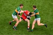 16 July 2023; Ethan Doherty of Derry in action against Gavin White, left, and Dara Moynihan of Kerry during the GAA Football All-Ireland Senior Championship Semi-Final match between Derry and Kerry at Croke Park in Dublin. Photo by Daire Brennan/Sportsfile