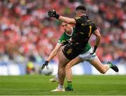 16 July 2023; Derry goalkeeper Odhran Lynch has his shot blocked by Jack Barry of Kerry during the GAA Football All-Ireland Senior Championship Semi-Final match between Derry and Kerry at Croke Park in Dublin. Photo by John Sheridan/Sportsfile