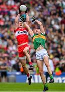 16 July 2023; Brendan Rogers of Derry wins possession ahead of his opposite number, Jack Barry of Kerry, during the GAA Football All-Ireland Senior Championship Semi-Final match between Derry and Kerry at Croke Park in Dublin. Photo by Brendan Moran/Sportsfile