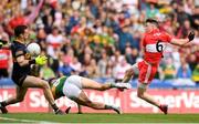 16 July 2023; Gareth McKinless of Derry has his shot saved by Kerry goalkeeper Shane Ryan during the GAA Football All-Ireland Senior Championship Semi-Final match between Derry and Kerry at Croke Park in Dublin. Photo by John Sheridan/Sportsfile
