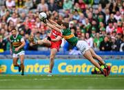 16 July 2023; Gavin White of Kerry blocks a shot by Lachlan Murray of Derry during the GAA Football All-Ireland Senior Championship Semi-Final match between Derry and Kerry at Croke Park in Dublin. Photo by Brendan Moran/Sportsfile