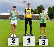 16 July 2023; From left, Shane Mc Grath of St Andrews AC, Meath, Eoin O'Callaghan of Bandon AC, Cork, Oisin O Regan of Killarney Valley AC, Kerry, receive their medals for the youth men's heptathlon during day two of the 123.ie National AAI Games and Combines at Morton Stadium in Santry, Dublin. Photo by Stephen Marken/Sportsfile