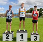 16 July 2023; From left Lughaidh Mallon of Lagan Valley AC, Antrim, Jack Fenlon of St Abbans AC, Laois, and Niall Murphy of Ennis Track AC, Clare, receive their medals for the junior men's 3000m during day two of the 123.ie National AAI Games and Combines at Morton Stadium in Santry, Dublin. Photo by Stephen Marken/Sportsfile