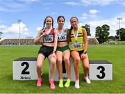 16 July 2023; From left, Heather Murphy of St Michael's AC, Laois, Avril Millerick of Youghal AC, Cork, and Roise Roberts of North Belfast Harriers, Antrim, receive their medals for the junior women's 3000m during day two of the 123.ie National AAI Games and Combines at Morton Stadium in Santry, Dublin. Photo by Stephen Marken/Sportsfile