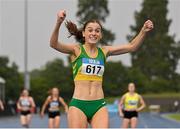 16 July 2023; Renee Crotty of Annalee AC, Cavan, celebrates after the senior women's 400m during day two of the 123.ie National AAI Games and Combines at Morton Stadium in Santry, Dublin. Photo by Stephen Marken/Sportsfile