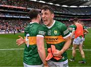 16 July 2023; Kerry players Paudie Clifford, 13, and Tadhg Morley celebrate after their side's victory in the GAA Football All-Ireland Senior Championship Semi-Final match between Derry and Kerry at Croke Park in Dublin. Photo by Piaras Ó Mídheach/Sportsfile