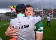 16 July 2023; Paudie Clifford of Kerry celebrates with his manager Jack O'Connor after their side's victory in the GAA Football All-Ireland Senior Championship Semi-Final match between Derry and Kerry at Croke Park in Dublin. Photo by Piaras Ó Mídheach/Sportsfile