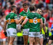 16 July 2023; Kerry players, Graham O'Sullivan, 2, David Clifford, Tadhg Morley, 6, and Tom O'Sullivan, right, celebrate after the GAA Football All-Ireland Senior Championship Semi-Final match between Derry and Kerry at Croke Park in Dublin. Photo by Brendan Moran/Sportsfile