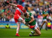 16 July 2023; Gareth McKinless of Derry and Sean O'Shea of Kerry in an accidential clash near the end of the GAA Football All-Ireland Senior Championship Semi-Final match between Derry and Kerry at Croke Park in Dublin. Photo by Brendan Moran/Sportsfile