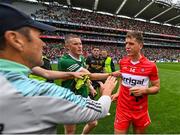 16 July 2023; Shane McGuigan of Derry with Kerry manager Jack O'Connor after the GAA Football All-Ireland Senior Championship Semi-Final match between Derry and Kerry at Croke Park in Dublin. Photo by David Fitzgerald/Sportsfile