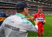 16 July 2023; Shane McGuigan of Derry with Kerry manager Jack O'Connor after the GAA Football All-Ireland Senior Championship Semi-Final match between Derry and Kerry at Croke Park in Dublin. Photo by David Fitzgerald/Sportsfile
