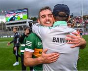 16 July 2023; Graham O'Sullivan of Kerry celebrates with his manager Jack O'Connor after their side's victory in the GAA Football All-Ireland Senior Championship Semi-Final match between Derry and Kerry at Croke Park in Dublin. Photo by Piaras Ó Mídheach/Sportsfile