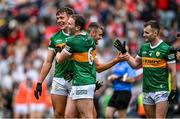 16 July 2023; Kerry players, from left, David Clifford, Tadhg Morley, Graham O'Sullivan and Tom O'Sullivan celebrate after the final whistle of the GAA Football All-Ireland Senior Championship Semi-Final match between Derry and Kerry at Croke Park in Dublin. Photo by Brendan Moran/Sportsfile