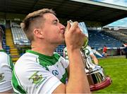16 July 2023; St Fechin’s joint captain Peter Fortune kisses the cup after the 2023 CúChulainn Hurling League Division 2 Final match between Naomh Eoin, Sligo, and St Fechin’s, Louth, at Kingspan Breffni Park in Cavan. Photo by Oliver McVeigh/Sportsfile