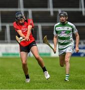 16 July 2023; Donnchadh O'Brien of Naomh Eoin in action against Cathal Ryan of St Fechin's during the 2023 CúChulainn Hurling League Division 2 Final match between Naomh Eoin, Sligo, and St Fechin’s, Louth, at Kingspan Breffni Park in Cavan. Photo by Oliver McVeigh/Sportsfile