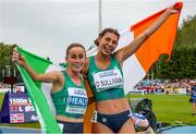 16 July 2023; Sarah Healy, left, and Sophie O'Sullivan of Ireland celebrate winning silver and gold respectively in the Women's 1500m Final during the European Athletics U23 Championships at Espoo in Finland. Photo by Giancarlo Colombo/Sportsfile
