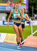 16 July 2023; Sophie O'Sullivan, left, and Sarah Healy of Ireland, cross the line to finish first and second respectively in the Women's 1500m Final during the European Athletics U23 Championships at Espoo in Finland. Photo by Giancarlo Colombo/Sportsfile