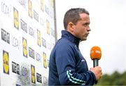 16 July 2023; Donegal manager Maxi Curran speaks to TG4 before the TG4 LGFA All-Ireland Senior Championship Quarter-Final match between Donegal and Dublin at MacCumhaill Park in Ballybofey, Donegal. Photo by Ramsey Cardy/Sportsfile