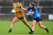16 July 2023; Shannon McGroddy of Donegal in action against Martha Byrne of Dublin during the TG4 LGFA All-Ireland Senior Championship Quarter-Final match between Donegal and Dublin at MacCumhaill Park in Ballybofey, Donegal. Photo by Ramsey Cardy/Sportsfile