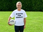 17 July 2023; Carla Rowe of Dublin wearing a #UnitedForEquality t-shirt at an event organised by players at the Radisson Blu at Dublin Airport ahead of the upcoming All-Ireland Championships semi-finals. Photo by Piaras Ó Mídheach/Sportsfile