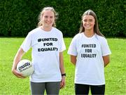 17 July 2023; Siofra O'Shea of Kerry, left, and Saoirse Lally of Mayo wearing #UnitedForEquality t-shirts at an event organised by players at the Radisson Blu at Dublin Airport ahead of the upcoming All-Ireland Championships semi-finals. Photo by Piaras Ó Mídheach/Sportsfile