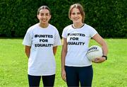 17 July 2023; Courteney Murphy of Fermanagh, left, and of Yvonne Lee of Limerick wearing #UnitedForEquality t-shirts at an event organised by players at the Radisson Blu at Dublin Airport ahead of the upcoming All-Ireland Championships semi-finals. Photo by Piaras Ó Mídheach/Sportsfile