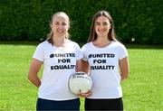 17 July 2023; Nicole Hanley of Carlow, left, and Clara Mulvenna of Down wearing #UnitedForEquality t-shirts at an event organised by players at the Radisson Blu at Dublin Airport ahead of the upcoming All-Ireland Championships semi-finals. Photo by Piaras Ó Mídheach/Sportsfile