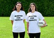 17 July 2023; Grace Clifford of Kildare, left, and Róisín Murphy of Wexford wearing #UnitedForEquality t-shirts at an event organised by players at the Radisson Blu at Dublin Airport ahead of the upcoming All-Ireland Championships semi-finals. Photo by Piaras Ó Mídheach/Sportsfile