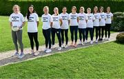17 July 2023; Players, back row from left; Siofra O'Shea of Kerry, Grace Clifford of Kildare, Carla Rowe of Dublin, Nicole Hanley of Carlow, Courteney Murphy of Fermanagh, Yvonne Lee of Limerick, Kathy Carey of Antrim, Laurie Ryan of Clare, Saoirse Lally of Mayo, Róisín Murphy of Wexford and Clara Mulvenna of Down wearing #UnitedForEquality t-shirts at an event organised by players at the Radisson Blu at Dublin Airport ahead of the upcoming All-Ireland Championships semi-finals. Photo by Piaras Ó Mídheach/Sportsfile
