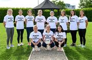 17 July 2023; Players, back row from left; Siofra O'Shea of Kerry, Courteney Murphy of Fermanagh, Yvonne Lee of Limerick, Kathy Carey of Antrim, Laurie Ryan of Clare, Saoirse Lally of Mayo, Róisín Murphy of Wexford and Clara Mulvenna of Down, and front row, from left, Carla Rowe of Dublin, Nicole Hanley of Carlow and Grace Clifford of Kildare wearing #UnitedForEquality t-shirts at an event organised by players at the Radisson Blu at Dublin Airport ahead of the upcoming All-Ireland Championships semi-finals. Photo by Piaras Ó Mídheach/Sportsfile