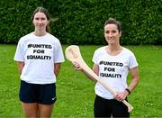 17 July 2023; Sinéad O'Keeffe of Clare, left, and Jennifer Curry of Armagh wearing #UnitedForEquality t-shirts at an event organised by players at the Radisson Blu at Dublin Airport ahead of the upcoming All-Ireland Championships semi-finals. Photo by Piaras Ó Mídheach/Sportsfile