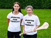 17 July 2023; Jane Horan of Roscommon, left, and Aoife McLoughney of Tipperary wearing #UnitedForEquality t-shirts at an event organised by players at the Radisson Blu at Dublin Airport ahead of the upcoming All-Ireland Championships semi-finals. Photo by Piaras Ó Mídheach/Sportsfile