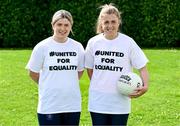 17 July 2023; Laurie Ryan of Clare, left, and Kathy Carey of Antrim wearing #UnitedForEquality t-shirts at an event organised by players at the Radisson Blu at Dublin Airport ahead of the upcoming All-Ireland Championships semi-finals. Photo by Piaras Ó Mídheach/Sportsfile