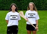 17 July 2023; Áine McGill of Derry, left, and Laura Greene of Kilkenny wearing #UnitedForEquality t-shirts at an event organised by players at the Radisson Blu at Dublin Airport ahead of the upcoming All-Ireland Championships semi-finals. Photo by Piaras Ó Mídheach/Sportsfile